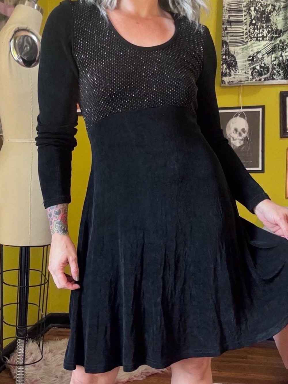 Vintage Black Long-Sleeve Fit & Flare Dress with Embellished Bodice